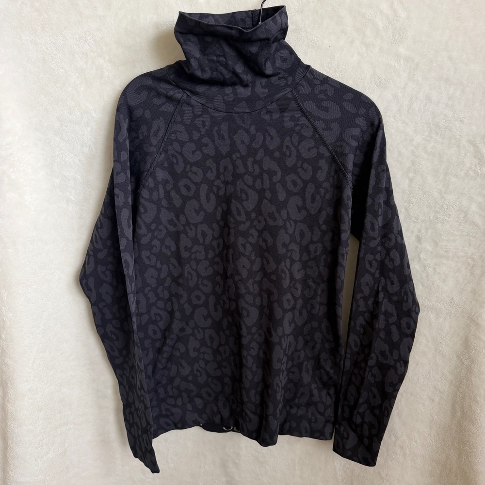 Sweaty Betty Black Gray Leopard Print Cowl Neck Long Sleeve Top Womens Size L